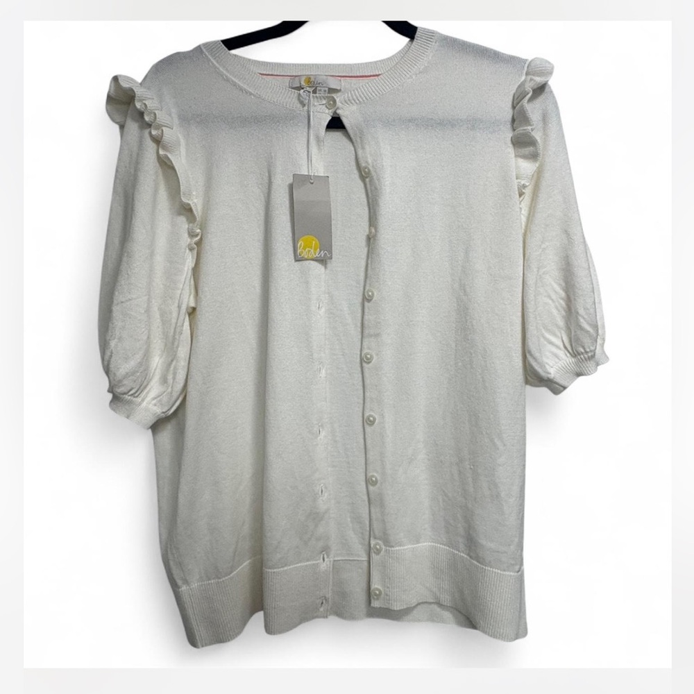 Boden White Ruffle Sleeve Cardigan